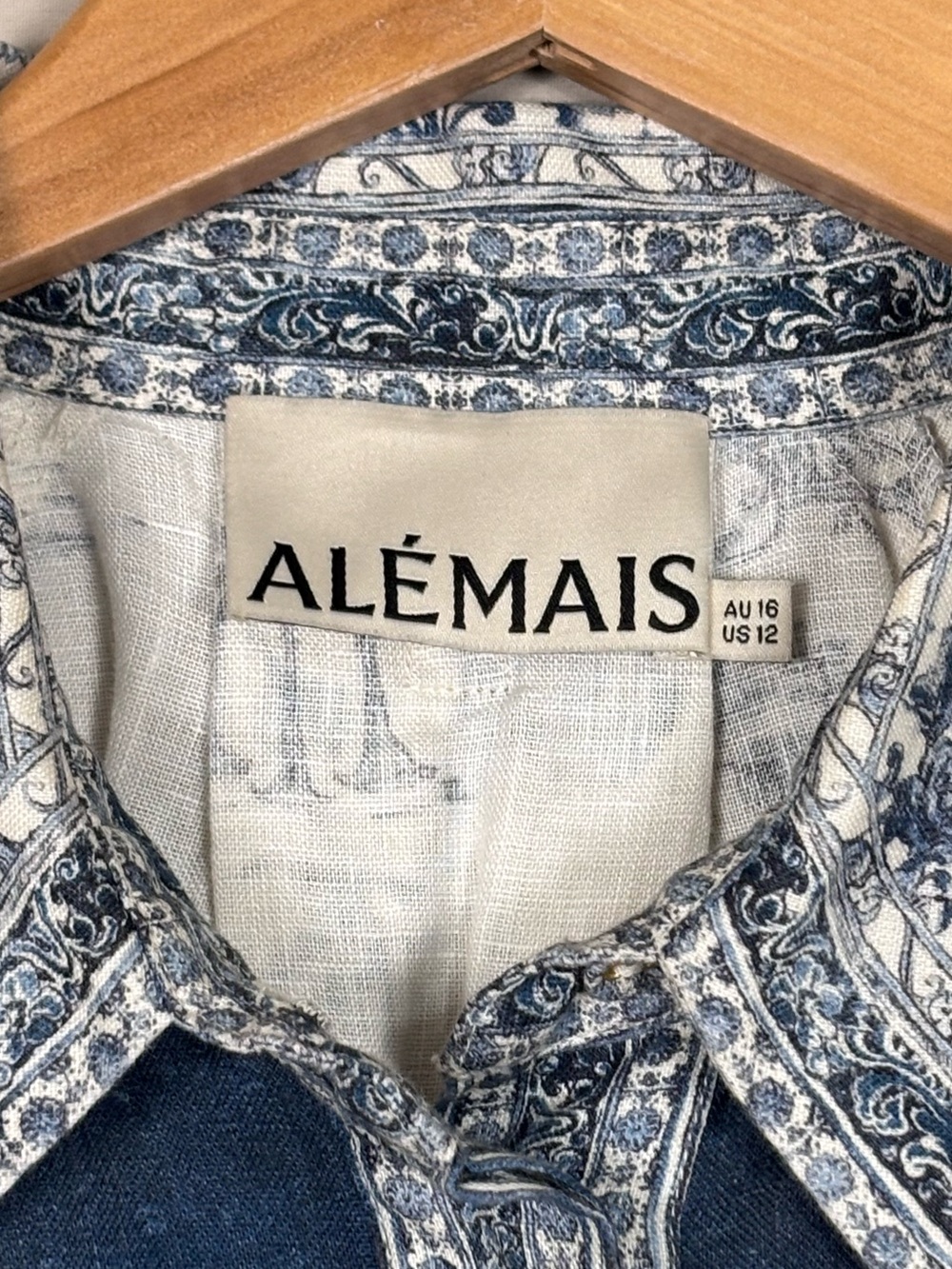 ALEMAIS Linen Toile Print Belted Maxi Dress Pockets Blue White US 12 - Picture 2 of 7
